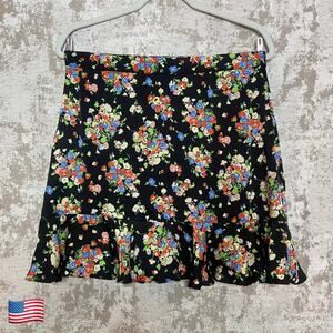Boden Satin Floral Ruffle Hem Mini Skirt in Black/Multicolor
